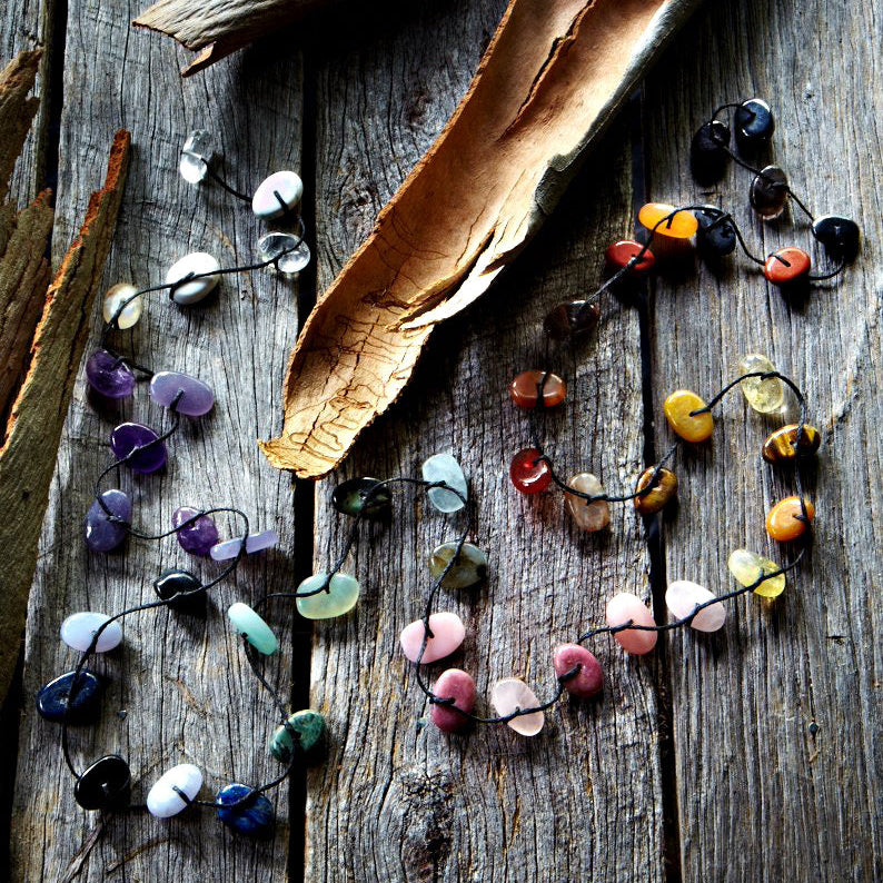 “Unisex chakra balance crystals necklace featuring all gemstone chakra stones, custom-cut and double-polished for beauty, alignment, and positive energy.”